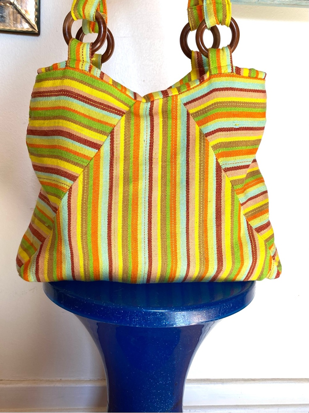 Stripy Vintage Tote Bag with Wooden Ring Handles